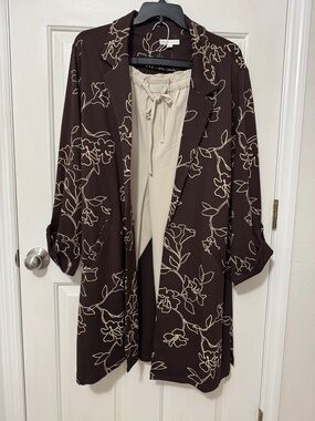 Cato Brown Floral Long Blazer with Cream Print